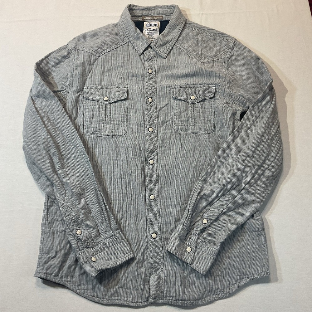 44mm Legendary Goods Striped Blue/White Long Sleeve Button Up Size L Pearl Snaps